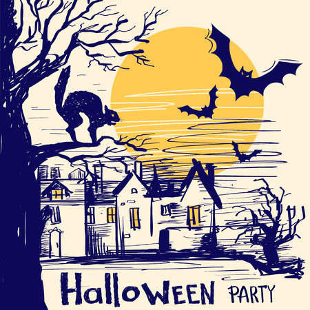 Halloween party card with castle and old tree. Vector hand drawn illustration with textのイラスト素材