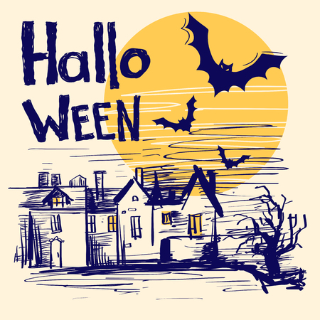 Halloween card. Vector color hand drawn illustration with textのイラスト素材