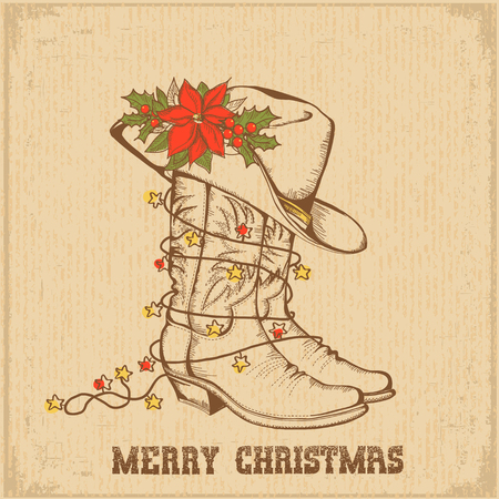 Western Christmas greeting card with cowboy traditional boots and cowboy hat on old paper backgroundのイラスト素材