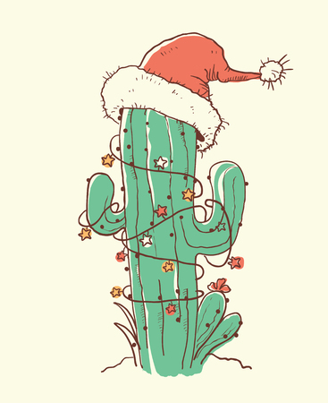 Cactus christmas red Santa hat .Vector color hand drawn illustration isokatedのイラスト素材