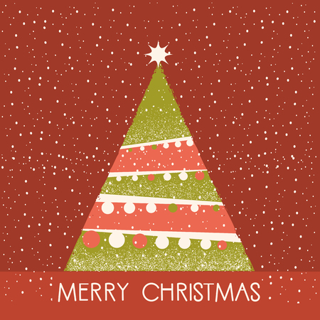 Christmas tree red card illustration with text and winter holiday decorationsのイラスト素材