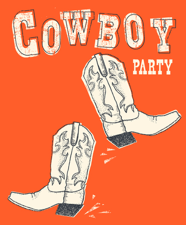 Cowboy western boot on red background.Vector hand drawn graphic illustration for textのイラスト素材