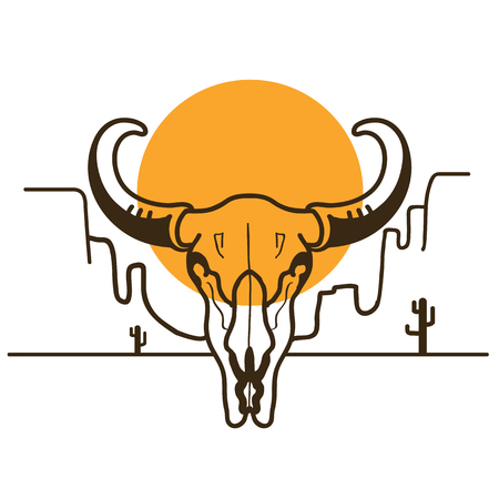 Wild West illustration with bull skull on American desert and sun on white backgroundのイラスト素材