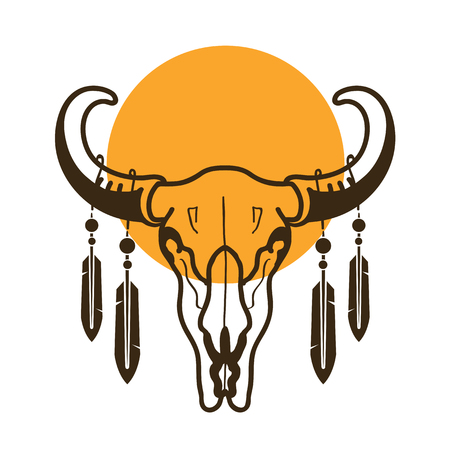 bull skull with feathers wild west illustration on white backgroundのイラスト素材