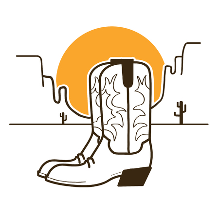 Wild West illustration with cowboy boots on American desert and sun on white backgroundのイラスト素材
