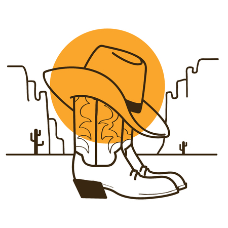 Wild West illustration with cowboy boots and western hat on American desert and sun on white backgroundのイラスト素材