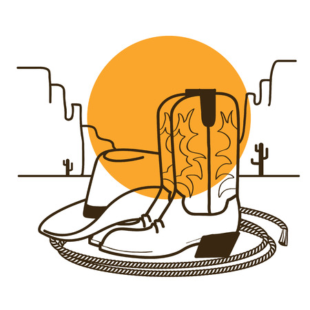 Wild West illustration with cowboy boots and western hat and lasso on American desert and sun on white backgroundのイラスト素材