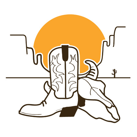 Wild West illustration with cowboy boots and bull skull on American desert and sun on white backgroundのイラスト素材