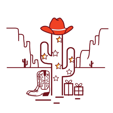 Merry Christmas cactus illustration with garland and western cowboy clothes on white backgroundのイラスト素材