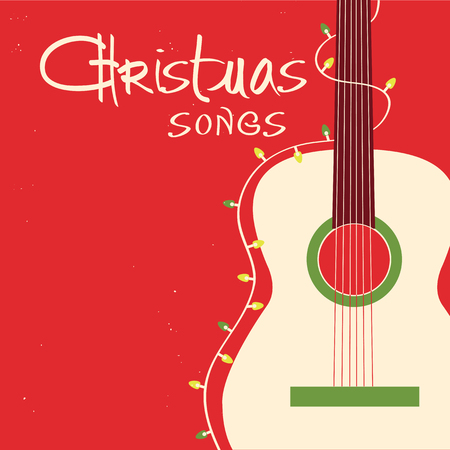 Christmas songs guitar on red background.Vector greeting card with acoustic guitar and textのイラスト素材