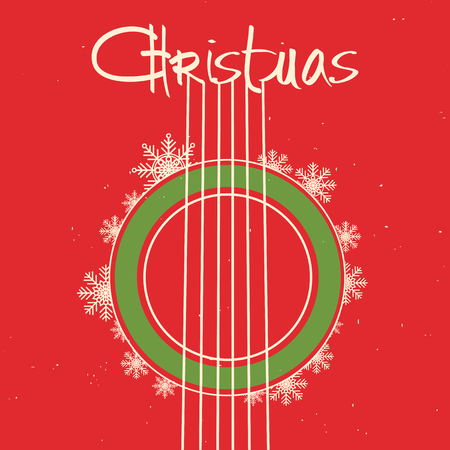 Christmas guitar red background.Vector old poster with acoustic guitar and textのイラスト素材