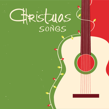 Christmas songs guitar on red green background.Vector greeting card with acoustic guitar and textのイラスト素材