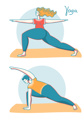 Yoga time. Woman and man practicing yoga on sport mats .Vector illustration healthy lifestyle isolated on whiteのイラスト素材