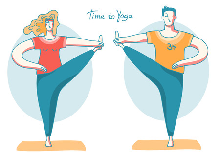 Yoga time. Woman and man doing yoga on sport mats .Vector illustration of couple of people isolated on white. Healthy lifestyleのイラスト素材