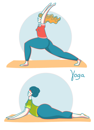 Yoga time. Woman practicing yoga in different poses on sport mats .Vector illustration healthy lifestyle isolated on whiteのイラスト素材