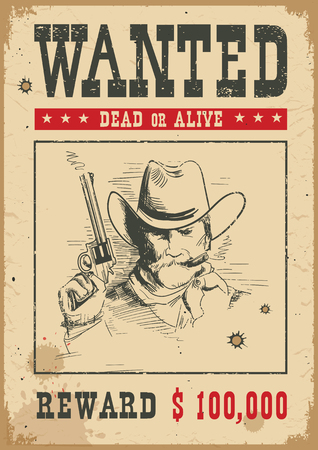 Wanted poster background. Vector western illustration with bandit man and gunのイラスト素材