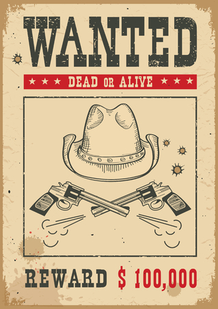 Wanted poster for portrait .Western vintage paper with cowboy hat and gunsのイラスト素材