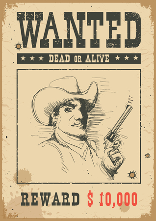 Wanted poster background. Vector western illustration with bandit man in mask holding a gunのイラスト素材