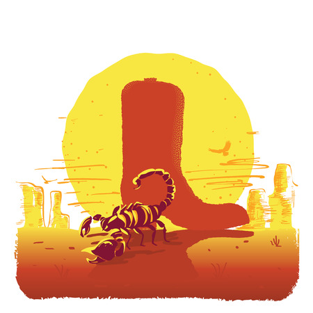 Vector illustration of American Texas desert with sun. Wild West cowboy boot and scorpion isolated on whiteのイラスト素材