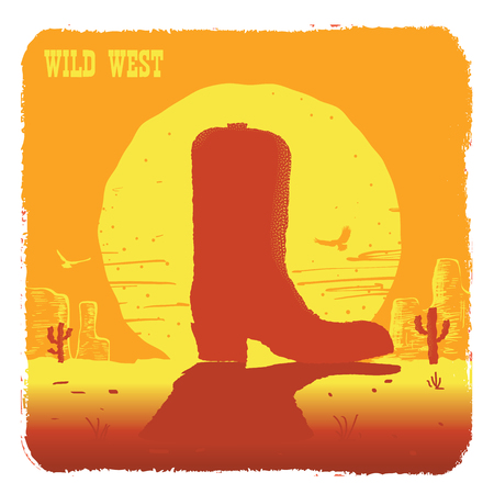 Vector illustration of American Texas desert with yellow sun. Wild West cowboy bootのイラスト素材