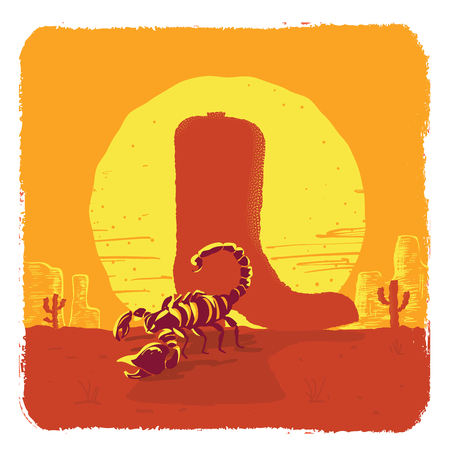Vector illustration of American Texas desert with sun. Wild West cowboy boot and scorpionのイラスト素材