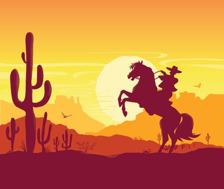 American desert nature background. Vector Texas prairie landscape with cowboy on horse and sunのイラスト素材