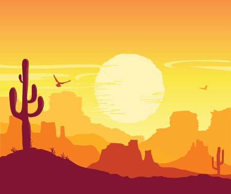 American desert nature background. Vector Arizona prairie landscape with sun and cactusのイラスト素材