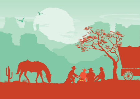 Cowboys around a campfire. Western American desert landscape with mountains backgroundのイラスト素材