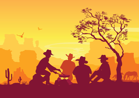 Cowboys around a campfire. Western American desert landscape backgroundのイラスト素材