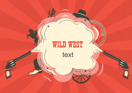 Wild West illustration with cowboy guns and burst space for western text on red background. のイラスト素材