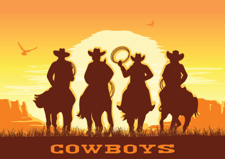 Cowboys silhouette riding horses at sunset landscape. Vector prairie desert with sun and skyのイラスト素材