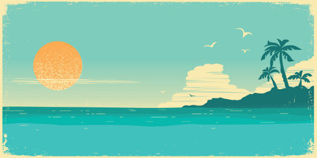 Tropical island paradise.Vintage poster background with palms silhouette and blue sky and sunのイラスト素材