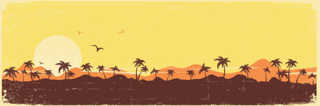 Tropical island paradise vintage background with palms silhouette and sky on old paper texture illustrationのイラスト素材