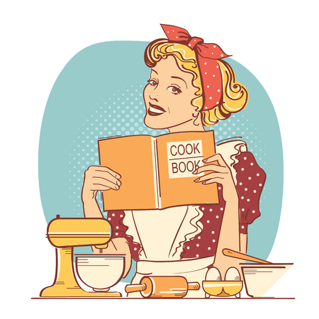 Young woman holding cook book in her hands on kitchen room.Reto style color illustration on white backgroundのイラスト素材