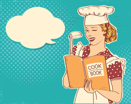 Retro Young woman chef holding cook book in her hand on kitchen room. Pin up color style illustration with speech bubble for textのイラスト素材