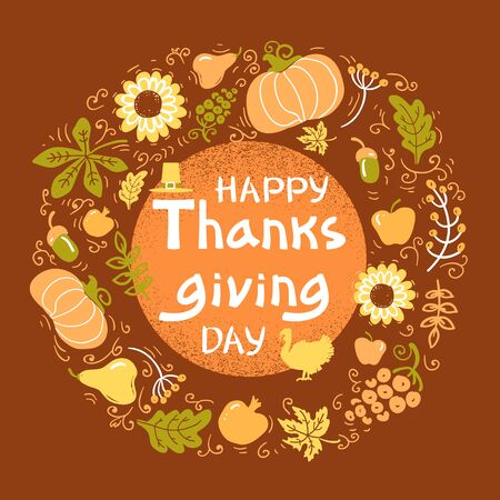 Happy Thanksgiving day card. Vector Beautiful handwritten Illustration Autumn color round frame with textのイラスト素材