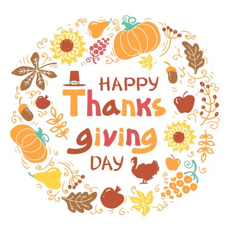 Happy Thanksgiving day card. Vector Beautiful handwritten Illustration Autumn round frame with text isolated on white.のイラスト素材