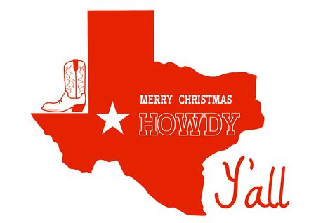 Christmas Texas Howdy. Vector American illustration with red map of Texas silhouette and holiday text and cowboy boot decoration isolated on whiteのイラスト素材