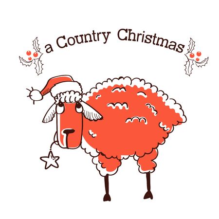 Merry Country Christmas card with farm sheep in Santa hat and text.Vector Christmas winter holiday card isolated on white background illustrationのイラスト素材