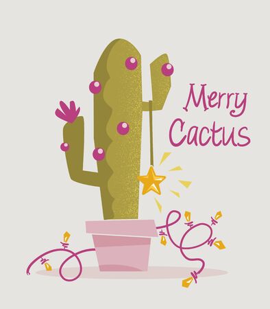 Christmas cactus greeting card with holiday text. Happy green cactus with star Christmas decoration on vector background illustration のイラスト素材