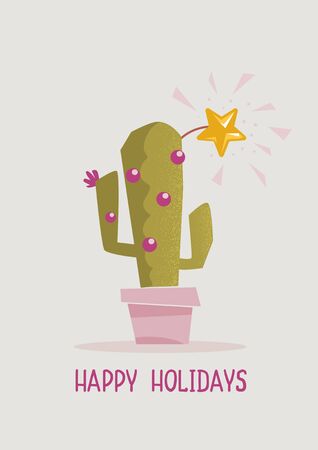 Christmas cactus greeting card. Happy green cactus with star Christmas decoration on vector background illustration のイラスト素材