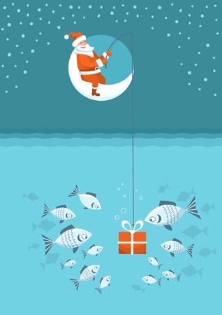 Christmas fishing card. Santa Claus with present box fishing sitting on moon. Vector Winter holiday illustration backgroundのイラスト素材