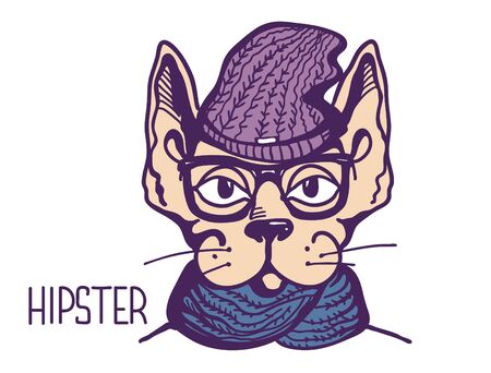 Cat hipster style. Vector color printable cat hand drawn illustration isolated on white. Cat hipster fashion style wear in glasses and knitted clothesのイラスト素材