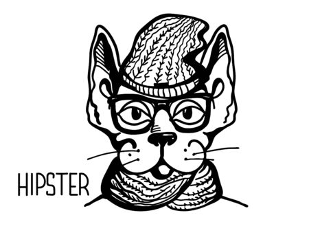Cat hipster style. Vector printable cat hand drawn illustration isolated on white. Cat hipster fashion style wear in glasses and knitted clothesのイラスト素材