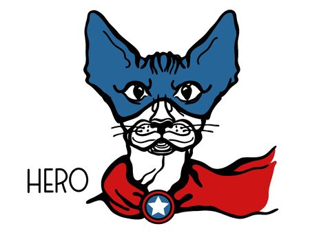 Cat hero portrait with mask and hero star. Vector superhero cat hand drawn graphic illustration isolated on white for designのイラスト素材