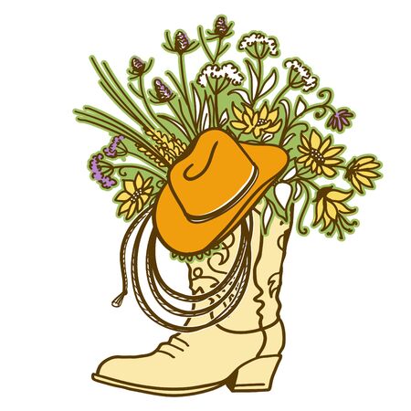 Cowboy boot with Flowers and cowboy hat and lasso decor. Sketch hand drawn vector close-up color illustration for design.のイラスト素材