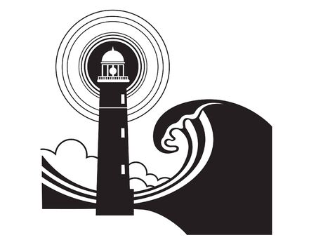 Lighthouse graphic poster with huge sea waves. Vector ocean seascapeのイラスト素材