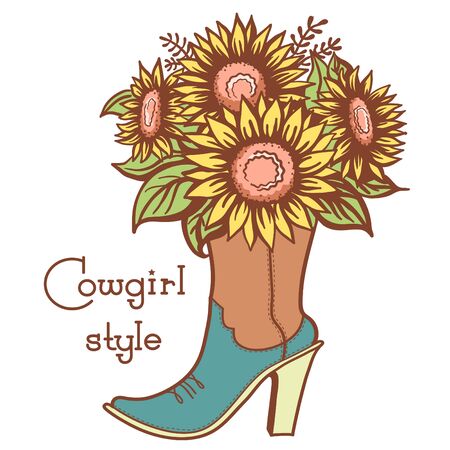 Cowgirl boot with floral bouquette and text. Ladies cowboy color vector boot illustration with sunflowers isolated on white. Country fahionのイラスト素材