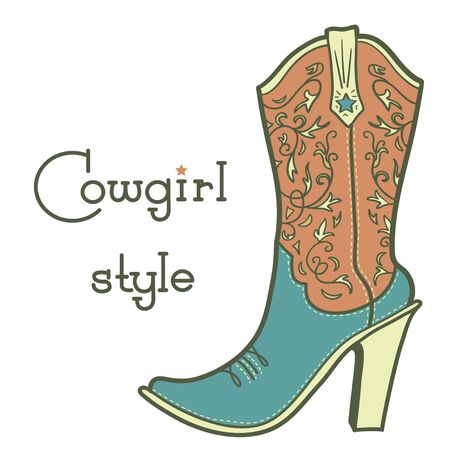 Cowgirl boot with romantic floral pattern and text. Vintage ladies cowboy vector high heels boot Western illustration isolated on whiteのイラスト素材