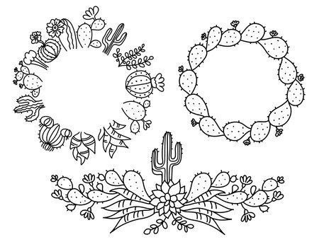 Cactus Floral Frame. Set Hand drawn outline cactus with flowers. Vector set cacti, aloe and succulent Collection of exotic plants hand drawn black illustration isolated on whiteのイラスト素材